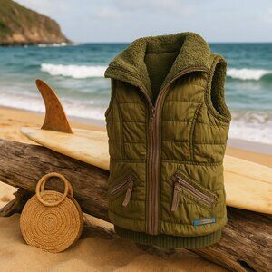 Billabong Olive Green Fleece-Lined Quilted Vest with Hood – Women’s M